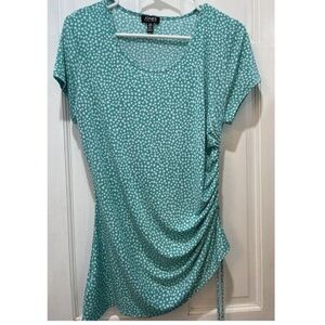 Jones New York Aqua with White Dots Tie Scruntch Side Short Sleeve Shirt SZ Med